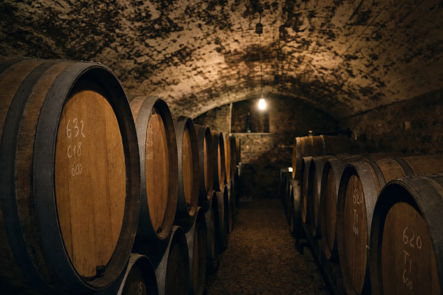 The vaulted limestone cellar of 1743, oak barrels chalk-marked with lot numbers under a single bulb