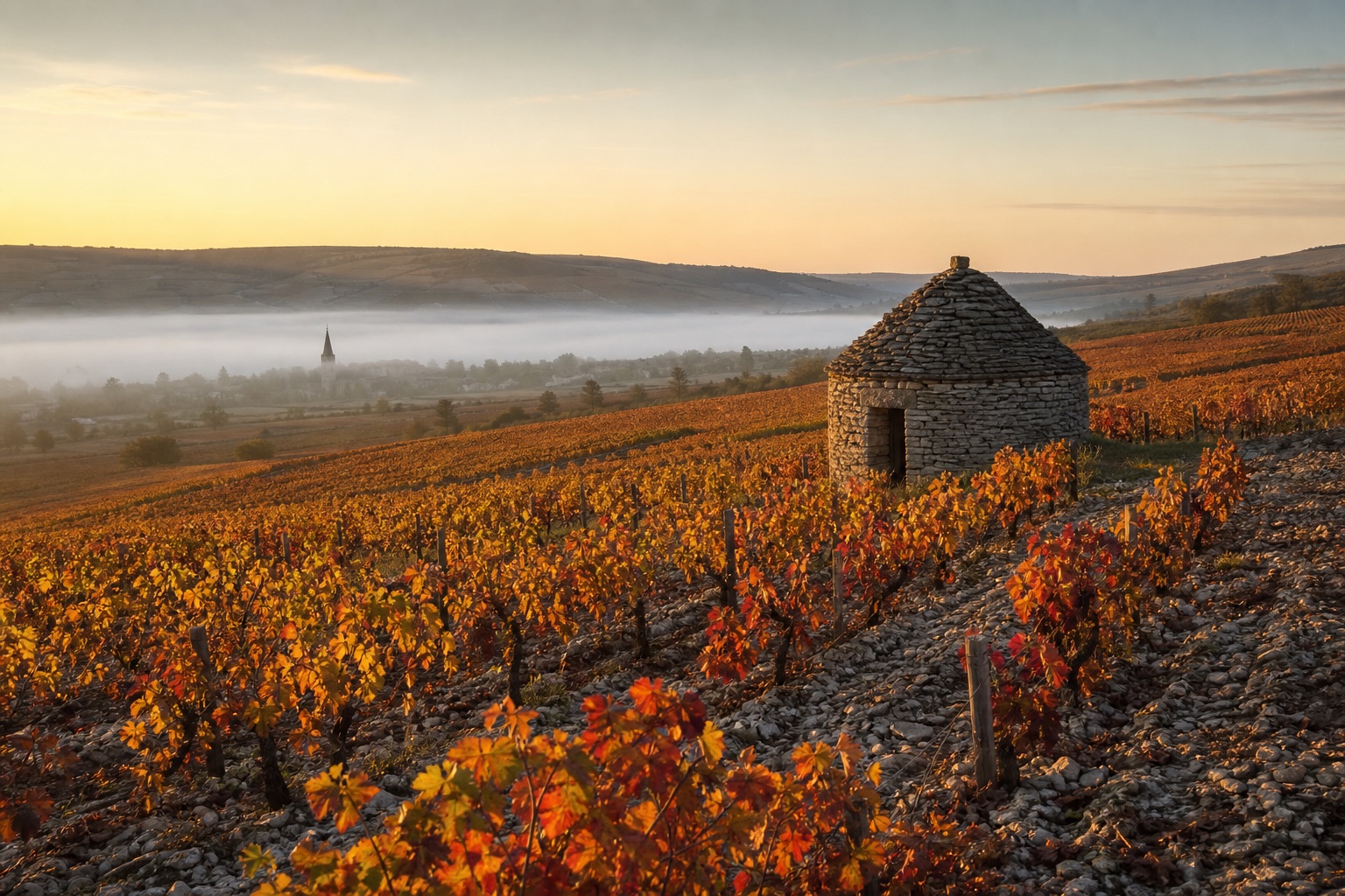 The Clairaux hillside at dawn during harvest, vines turned amber, mist in the valley and the village spire below