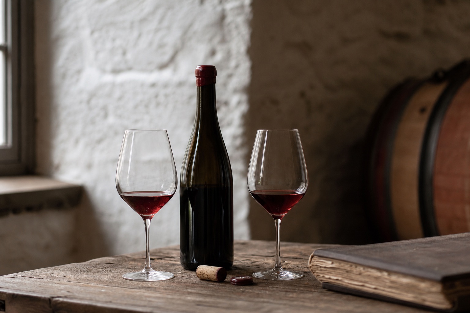 Two glasses of pinot noir, a wax-topped bottle and the estate ledger on the old oak table by the window